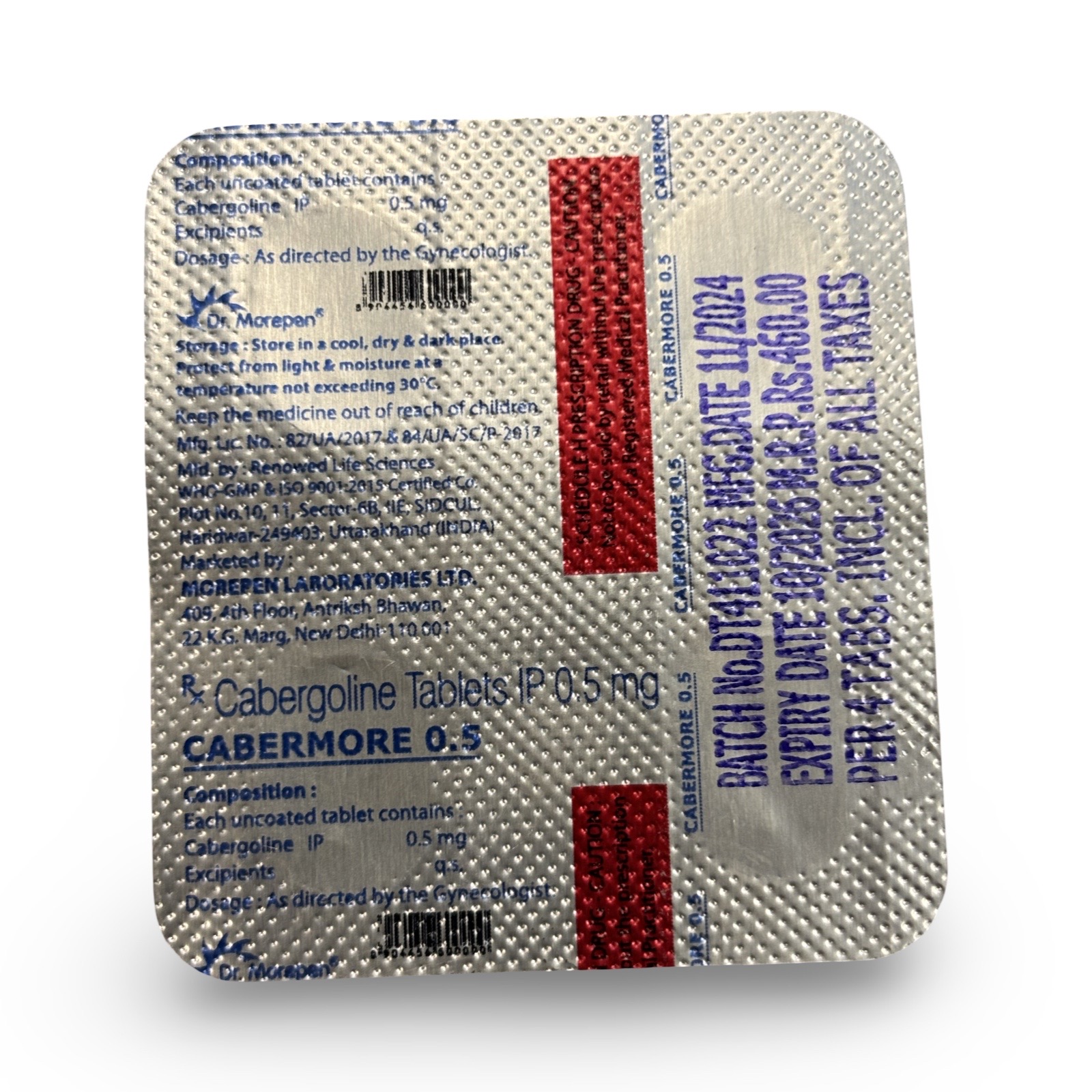 Caberdost Cabergoline .5mg x 4 tablet  pharma blister strip imported India Pharmacy ( Quantitative and qualitative analysis second image) — Peptide Source Canada source product image