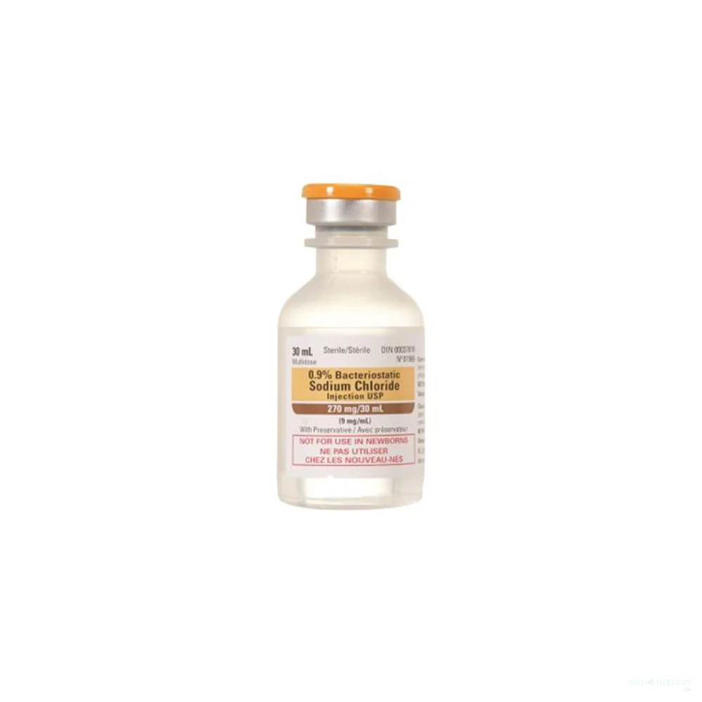 Bacteriostatic Saline (0.9% NaCl) USP | 30mL DO NOT USE WITH GLPs. Can be used to make peptide nasal sprays or reconstitution of certain peptides. For injection  Pfizer Bacteriostatic Water is preferred due to the reaction of the salt in the saline with certain peptides. — Biocore Peptides source product image
